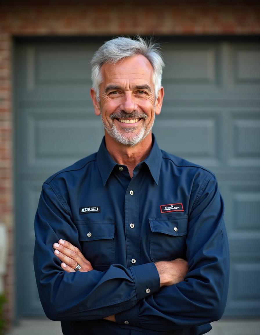 Bob Mitchell, founder of Bob's Garage Doors, standing next to his service truck in Sharonville Ohio - U.S. Army veteran and garage door expert