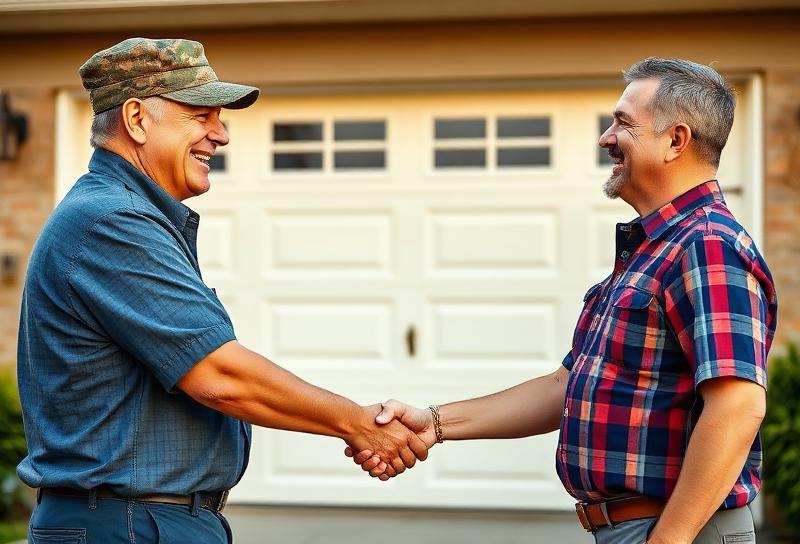 Bob Mitchell shaking hands with a satisfied customer after completing garage door repair at their home in the Greater Cincinnati area