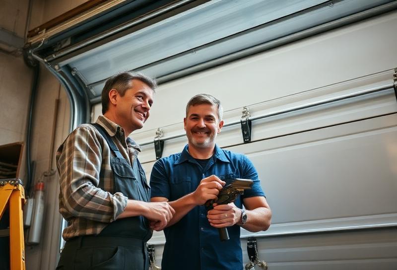 Bob Mitchell and his son Jake working together on a garage door installation - family-operated business providing expert service in Sharonville